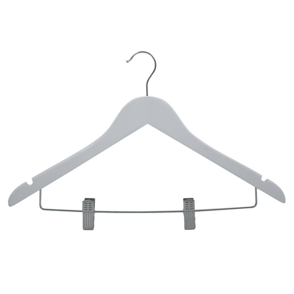 White wooden hanger with clips