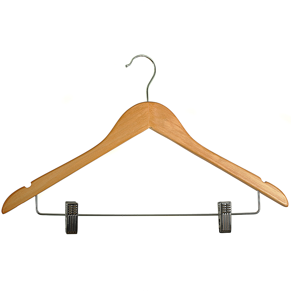 Natural wood hanger with clips